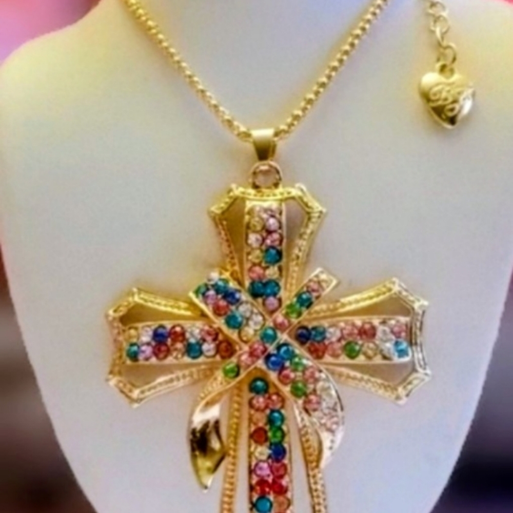 Betsey Johnson Gold Cross Necklace with Multicolor Gems